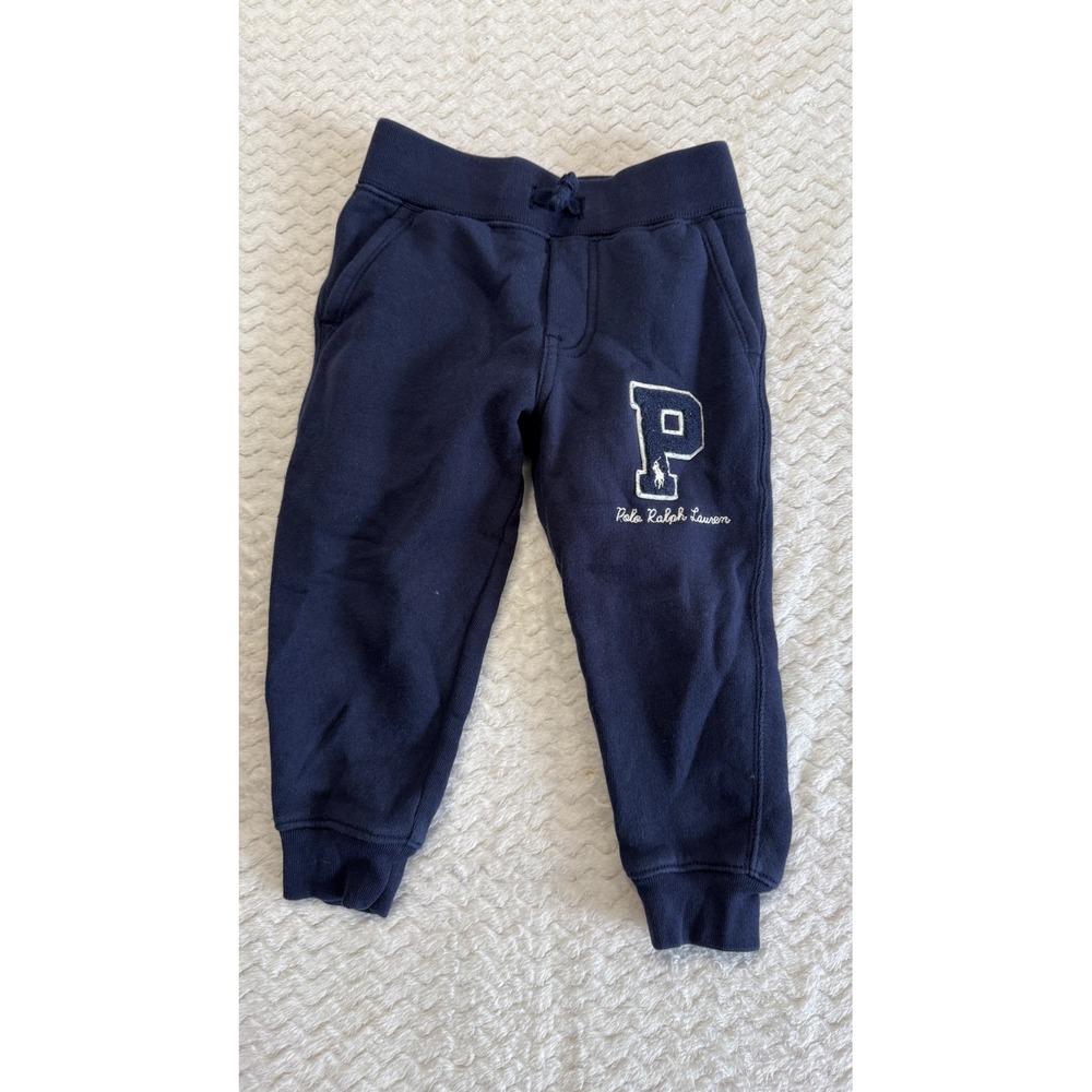 Polo Ralph Lauren Kids Navy Blue Chenille P Logo Fleece Joggers Size 2